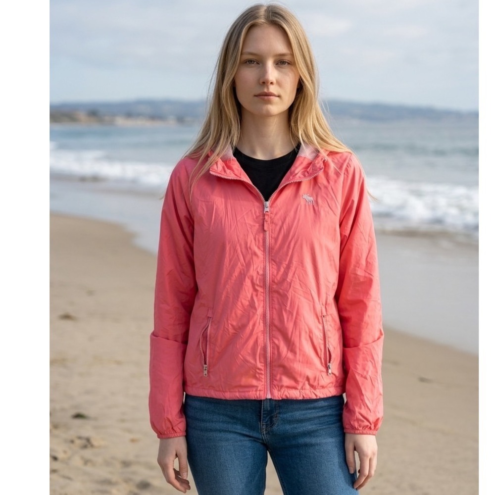 Abercrombie & Fitch Women Pink Hooded Windbreaker Jacket Mesh Lined L Sporty Y2K